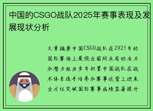 中国的CSGO战队2025年赛事表现及发展现状分析