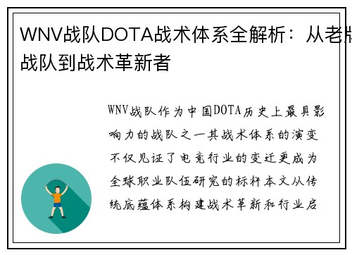 WNV战队DOTA战术体系全解析：从老牌战队到战术革新者